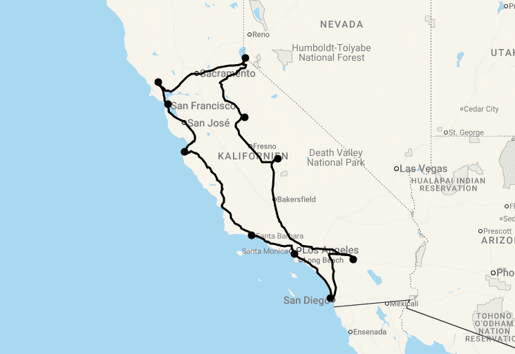 Karte 18 Tage California Roadtrip
