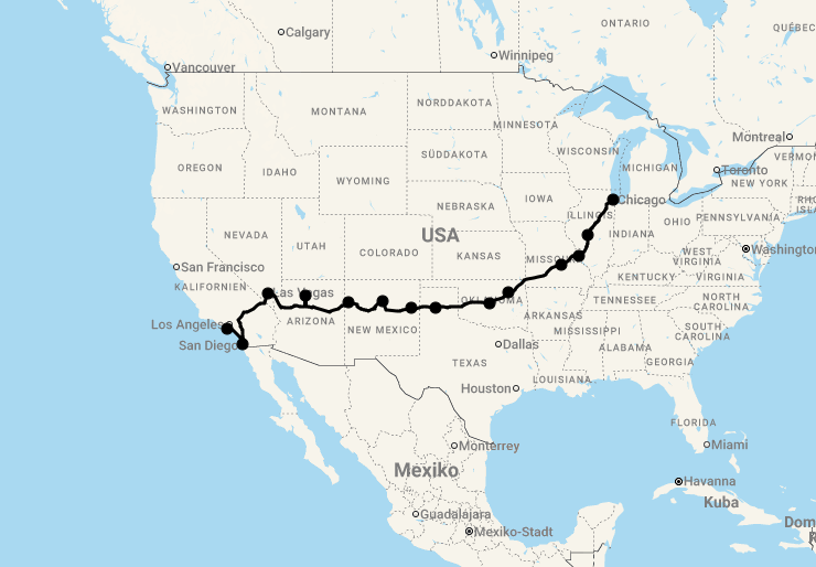 Karte 22 Tage Die Route 66 von Chicago nach Los Angeles