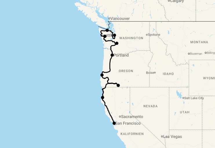 Karte 19 Tage Die Westküste entlang - Seattle bis San Francisco