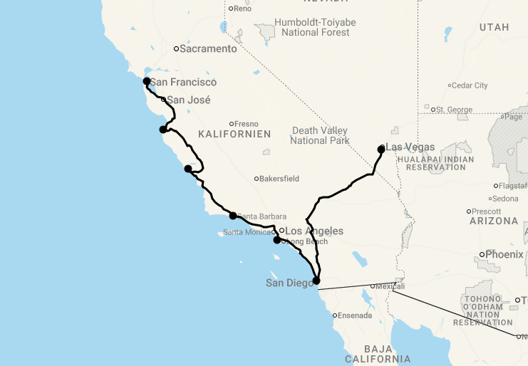 Karte 14 Tage Westküsten-Highlights - Kalifornien & Las Vegas