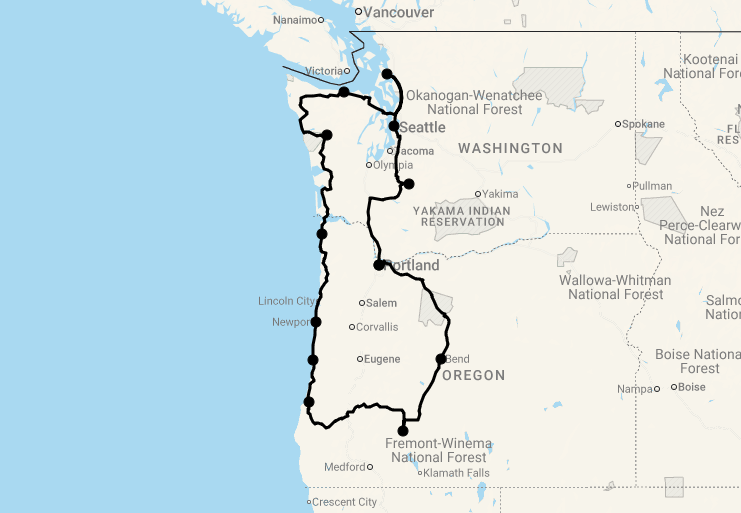 Karte 16 Tage Best of Oregon & Washington