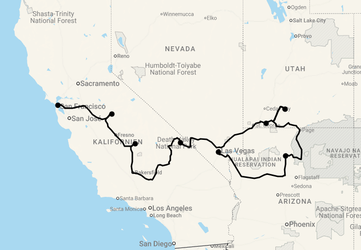 Karte Motorradreise: 14 Tage USA West & Nationalparks