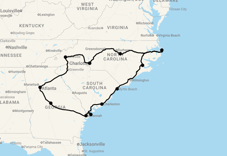 Karte 19 Tage Südstaatenrundreise: Georgia und die Carolinas
