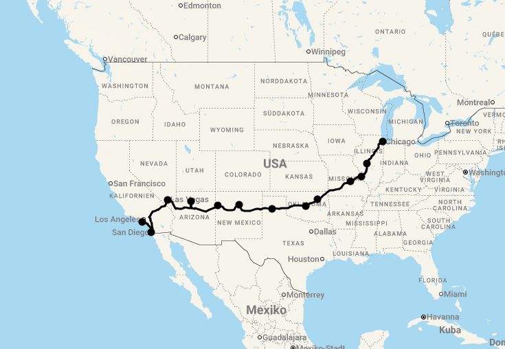 Karte Motorradreise: 18 Tage Route 66