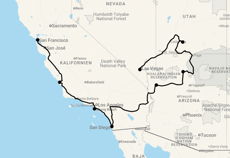 Karte Motorradreise: 15 Tage Südwesten USA