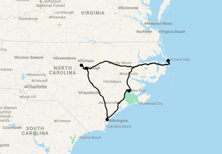 Karte 10 Tage Malerisches North Carolina