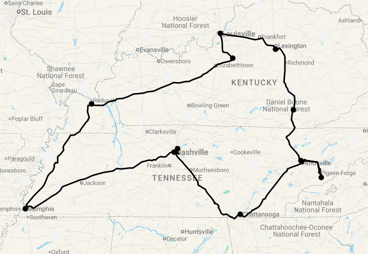 Karte 14 Tage Kentucky und Tennessee