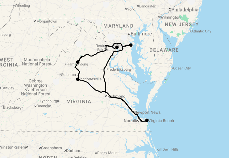 Karte 14 Tage Capital Region und Strandurlaub in Virginia Beach