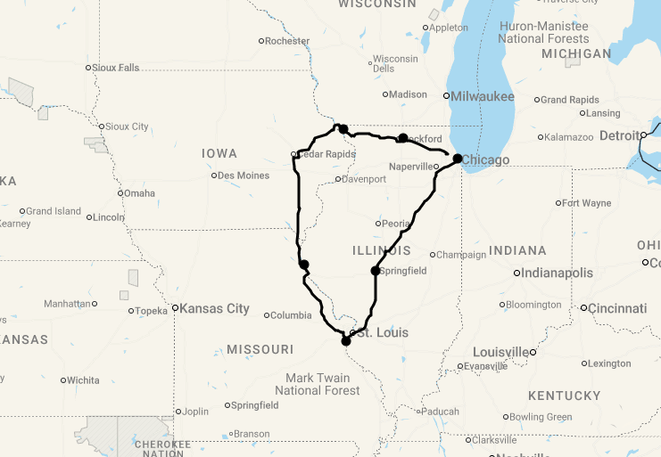 Karte 9 Tage Route 66 & Great River Road