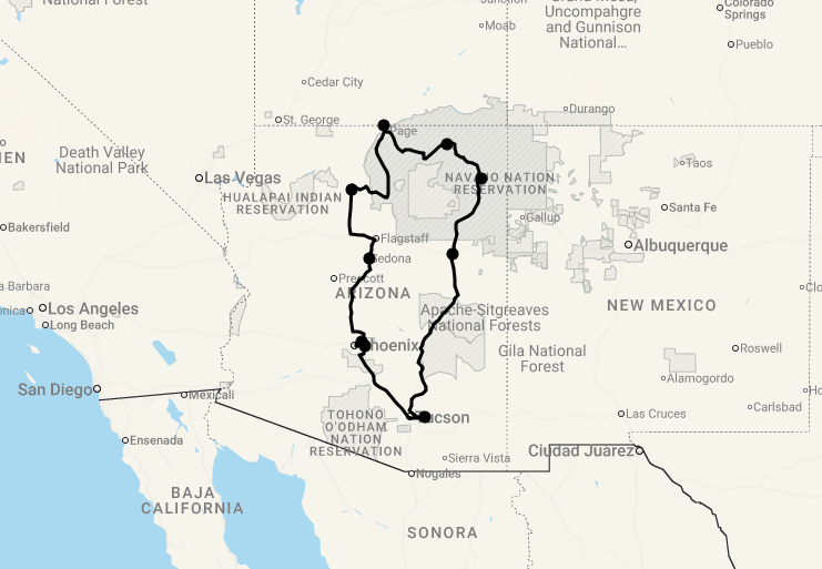 Karte 15 Tage Atemberaubendes Arizona mit Rancherlebnis