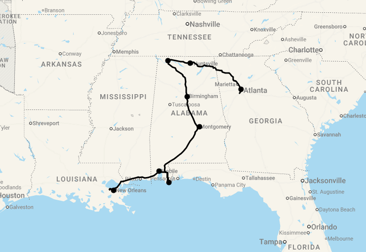 Karte 15 Tage Best of Alabama & New Orleans