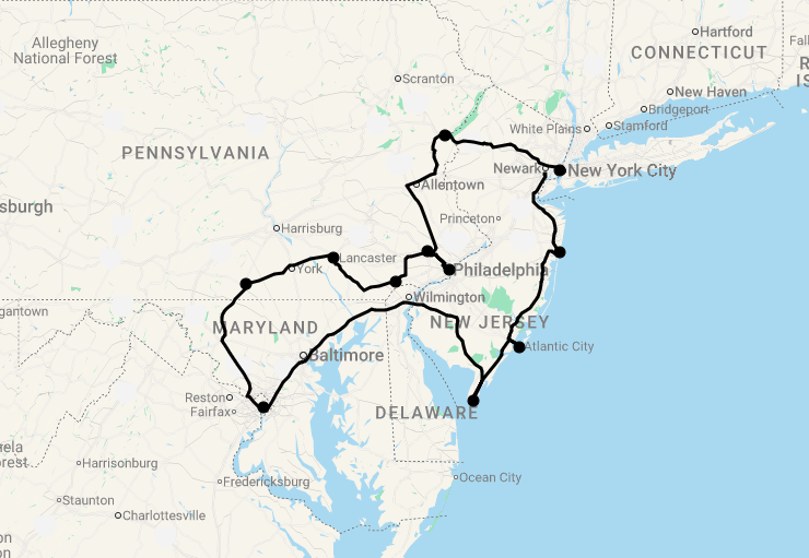 Karte 16 Tage Big Cities und die Countryside von Philadelphia & New Jersey