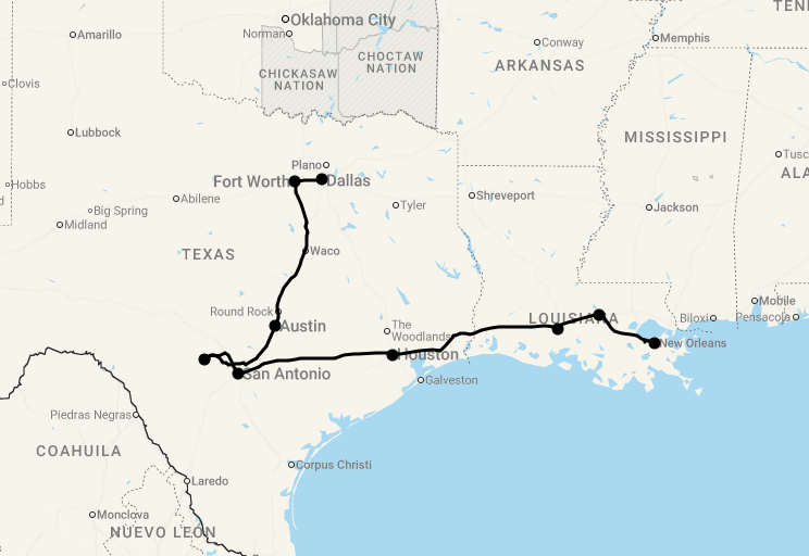 Karte 15 Tage Cowboys und Südstaatenflair - Texas bis Louisiana