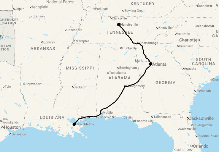 Karte 11 Tage Rhythm of the South: Musikerlebnisse in Nashville, Atlanta und New Orleans