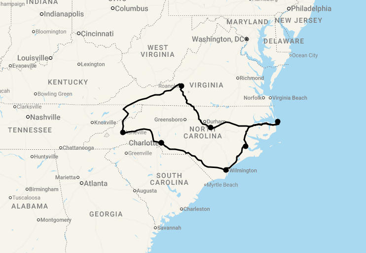 Karte 14 Tage Naturwunder in North Carolina