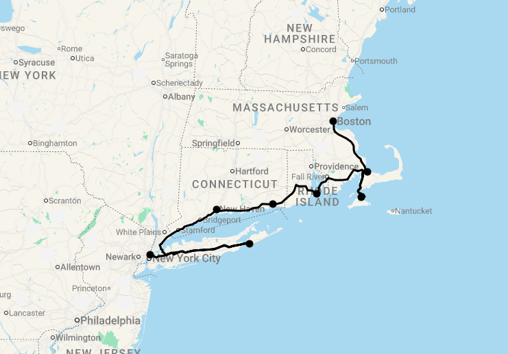 Karte 15 Tage New York bis Boston by the Beaches