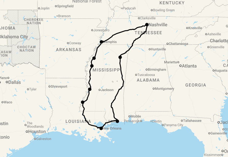 Karte 17 Tage Mississippi Erleben: Reise in das Herz des Deep South