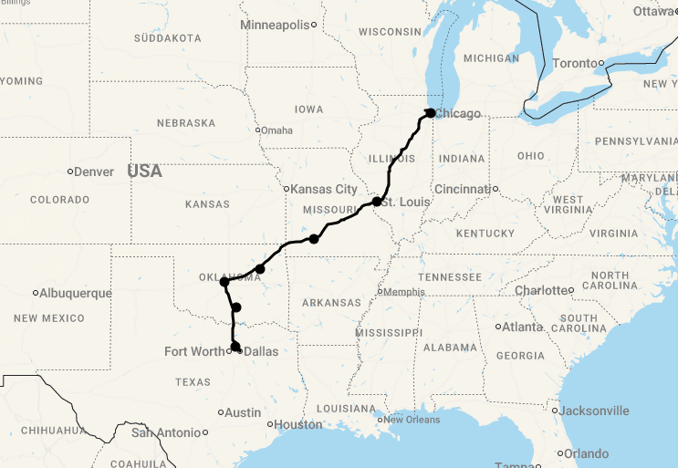 Karte 15 Tage Route 66 East - Von Chicago nach Grapevine