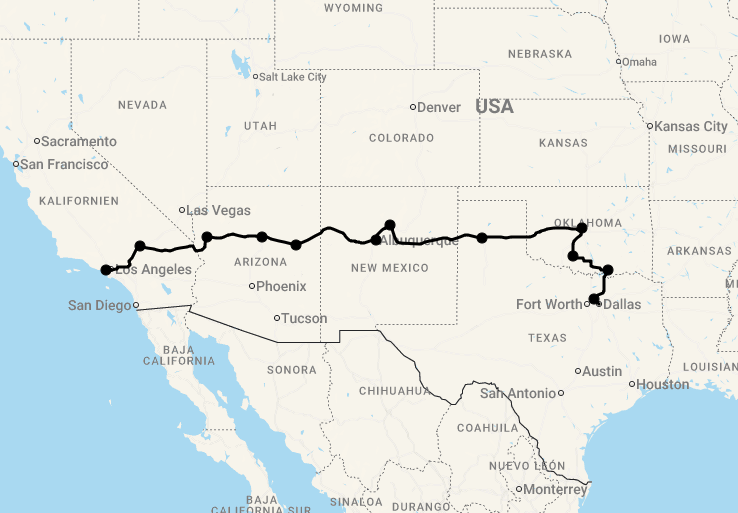 Karte 18 Tage Route 66 West - Von Grapevine nach Santa Monica