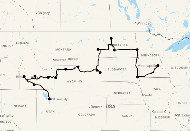Karte 20 Tage West-USA Roadtrip: Von den Great Plains zu den Rockies