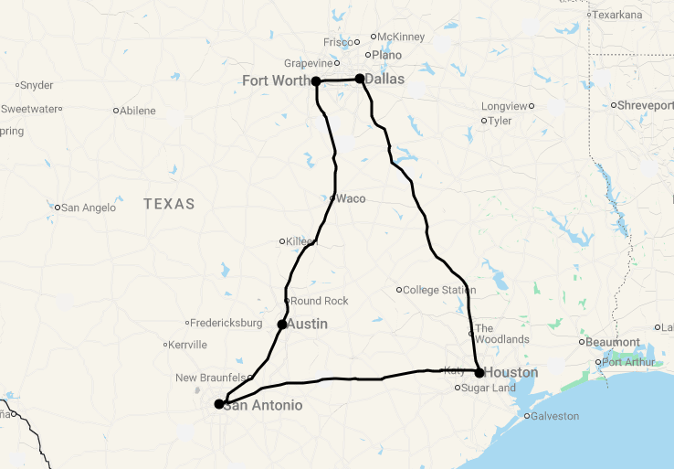 Karte 9 Tage Texas Triangle ab Dallas/Fort Worth