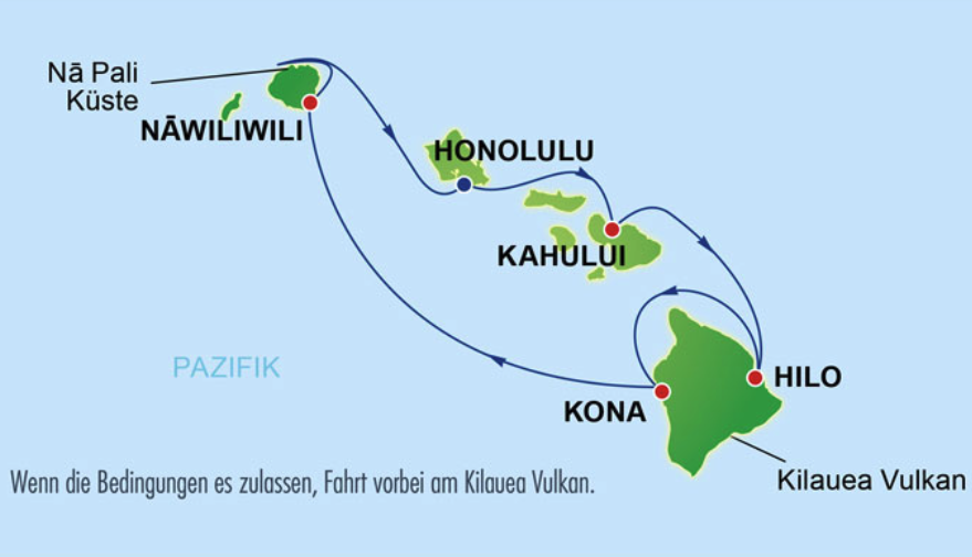 Karte 8 Tage Kreuzfahrt durch Hawaii's Inselwelten