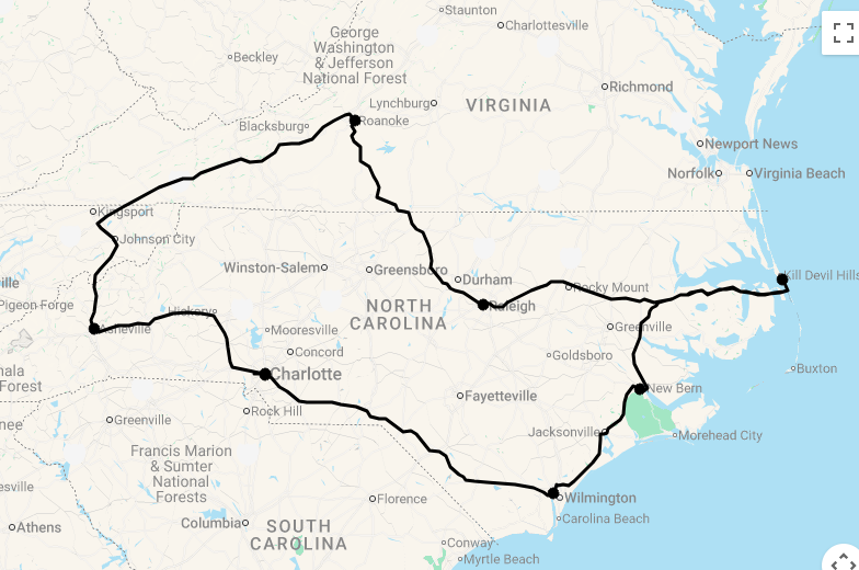 Karte 14 Tage Naturwunder in North Carolina