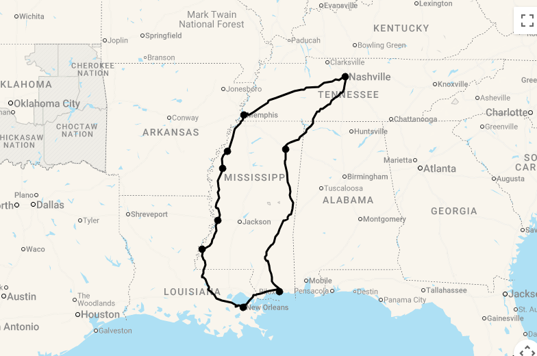 Karte 17 Tage Mississippi Erleben: Reise in das Herz des Deep South