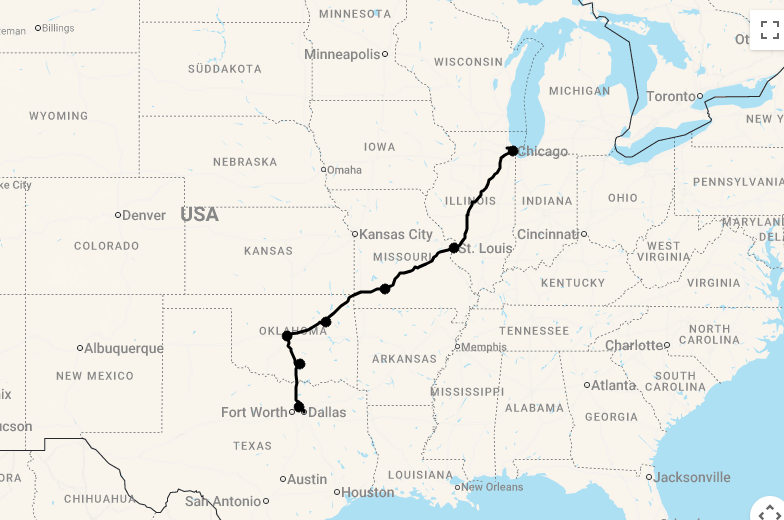 Karte 15 Tage Route 66 East - Von Chicago nach Grapevine