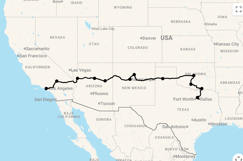 Karte 18 Tage Route 66 West - Von Grapevine nach Santa Monica