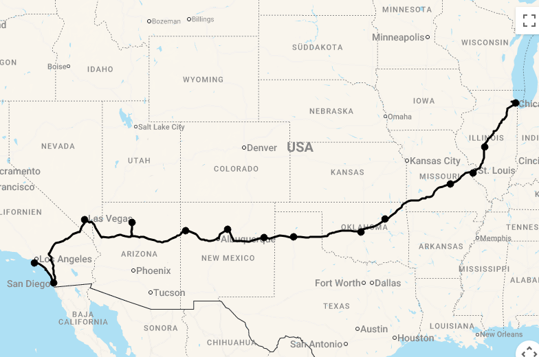 Karte 22 Tage Die Route 66 von Chicago nach Los Angeles