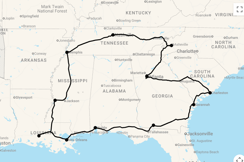 Karte 20 Tage Southern Spirit - Große Südstaaten-Rundreise USA