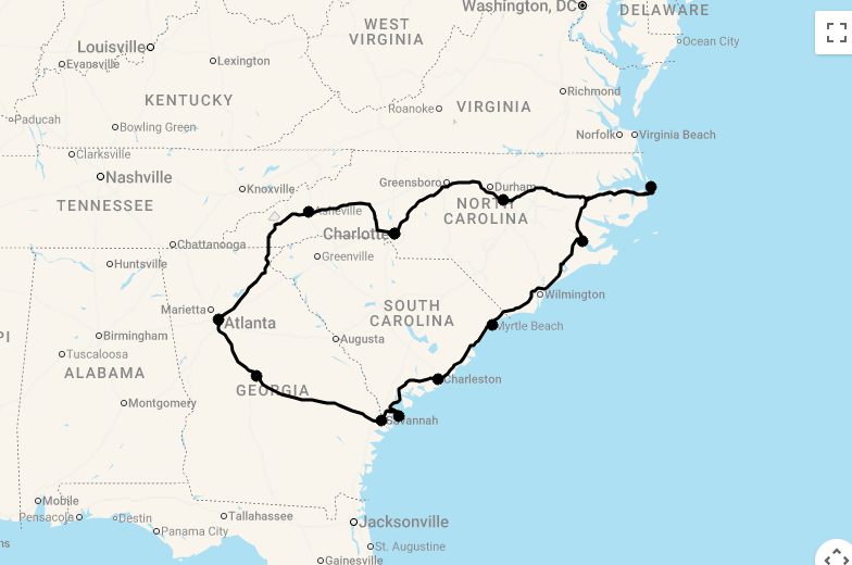 Karte 19 Tage Südstaatenrundreise: Georgia und die Carolinas mit Flug