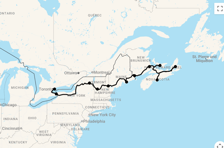 Karte 15 Tage Nova Scotia bis Ontario