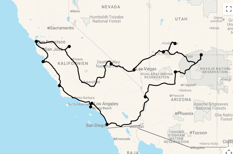 Karte 22 Tage Southwest Highlights