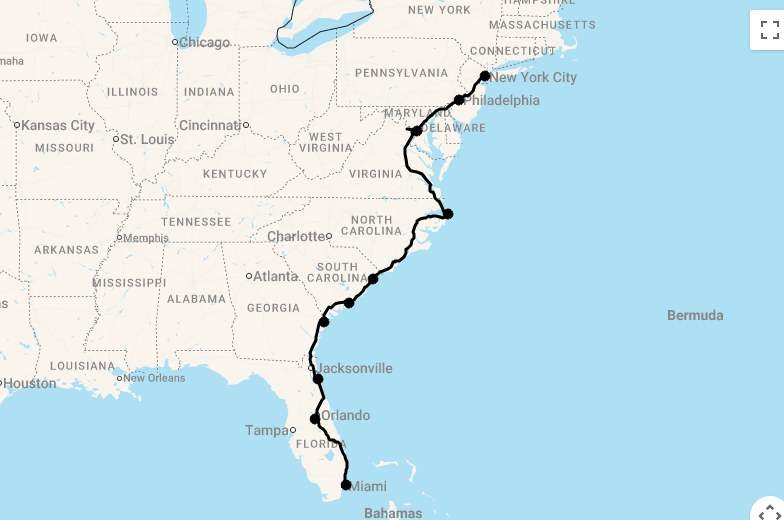 Karte 19 Tage An der Ostküste entlang