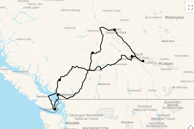 Karte 22 Tage Westkanada mit Mietwagen, Rocky Mountaineer Zug und Alaska-Kreuzfahrt