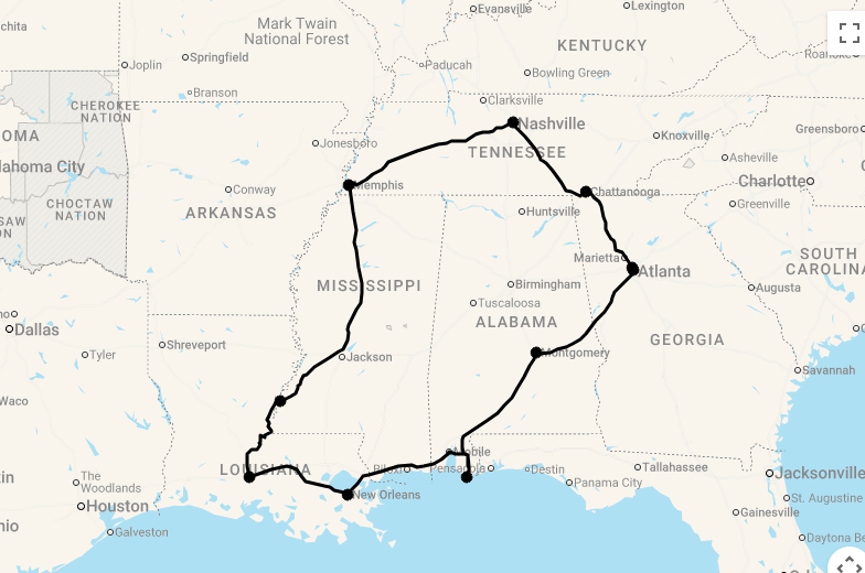 Karte Motorradreise: 16 Tage Die Südstaaten entdecken