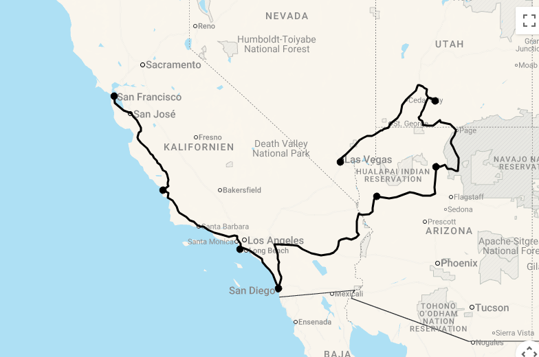 Karte Motorradreise: 15 Tage Südwesten USA