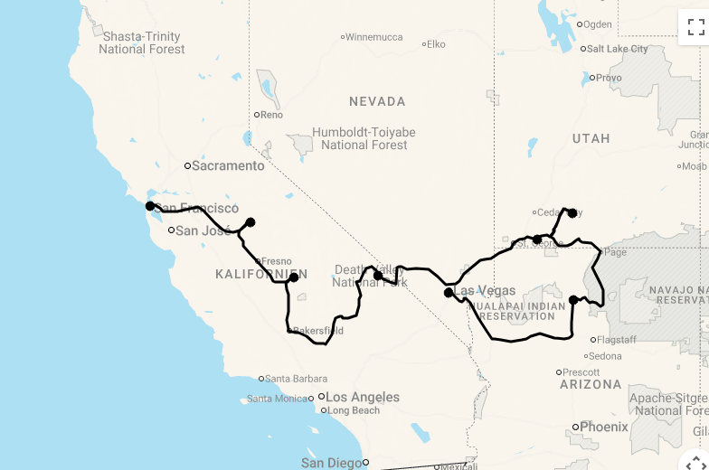 Karte Motorradreise: 14 Tage USA West & Nationalparks