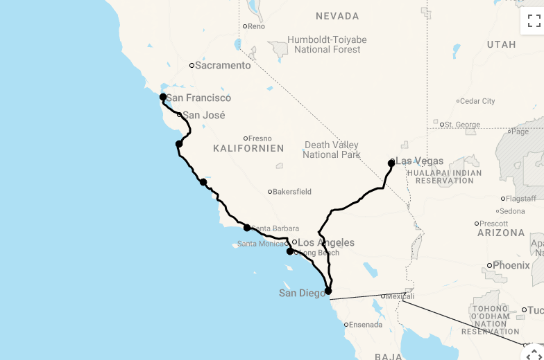 Karte 14 Tage Westküsten-Highlights - Kalifornien & Las Vegas