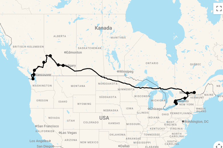 Karte 20 Tage Ost- und Westkanada Highlights
