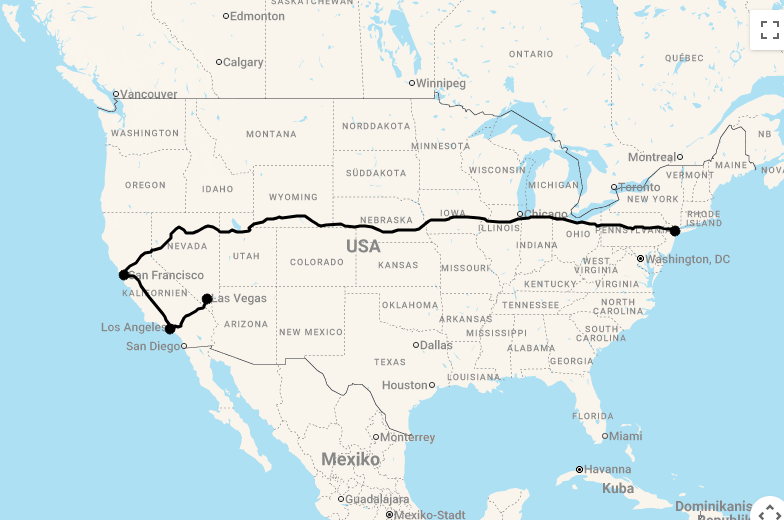 Karte 14 Tage Cityhopping: New York, San Francisco, Los Angeles & Las Vegas