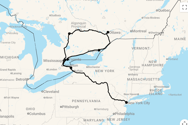 Karte 13 Tage New York und Ontario