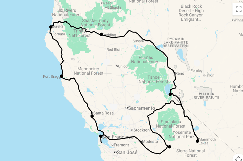 Karte 15 Tage Naturwunder in Nordkalifornien