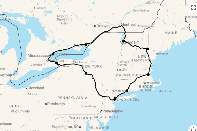 Karte 16 Tage USA & Kanada Osten Rundreise