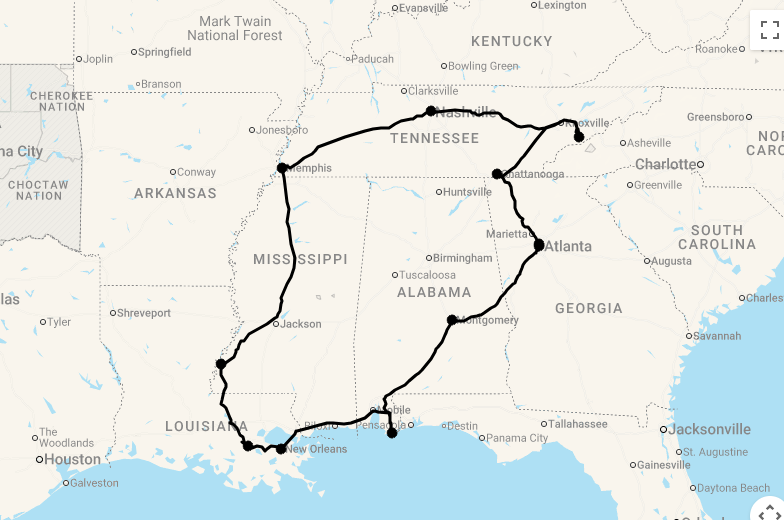 Karte 17 Tage Südstaaten Highlights: Musik, Kultur und Natur mit Flug