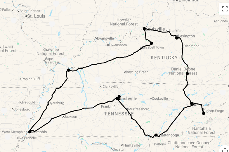 Karte 14 Tage Kentucky und Tennessee