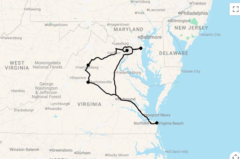 Karte 14 Tage Capital Region und Strandurlaub in Virginia Beach