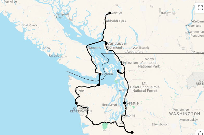 Karte 15 Tage Highlights im Nordwesten: Washington & British Columbia